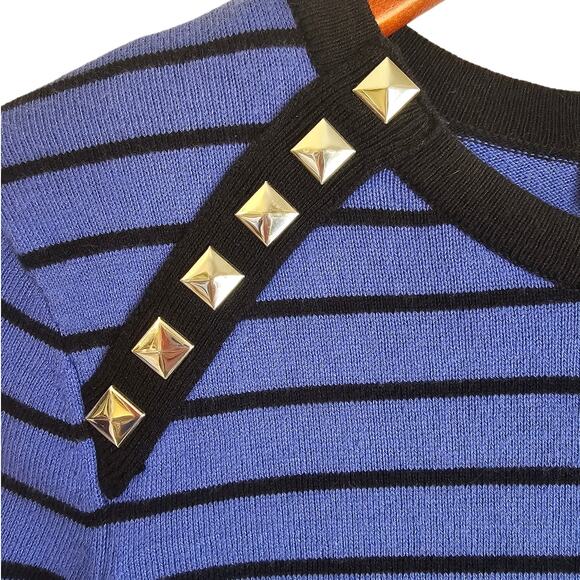 MICHAEL Michael Kors Royal Blue Striped Sweater Dress with Silver Metallic Studs - Picture 3 of 5